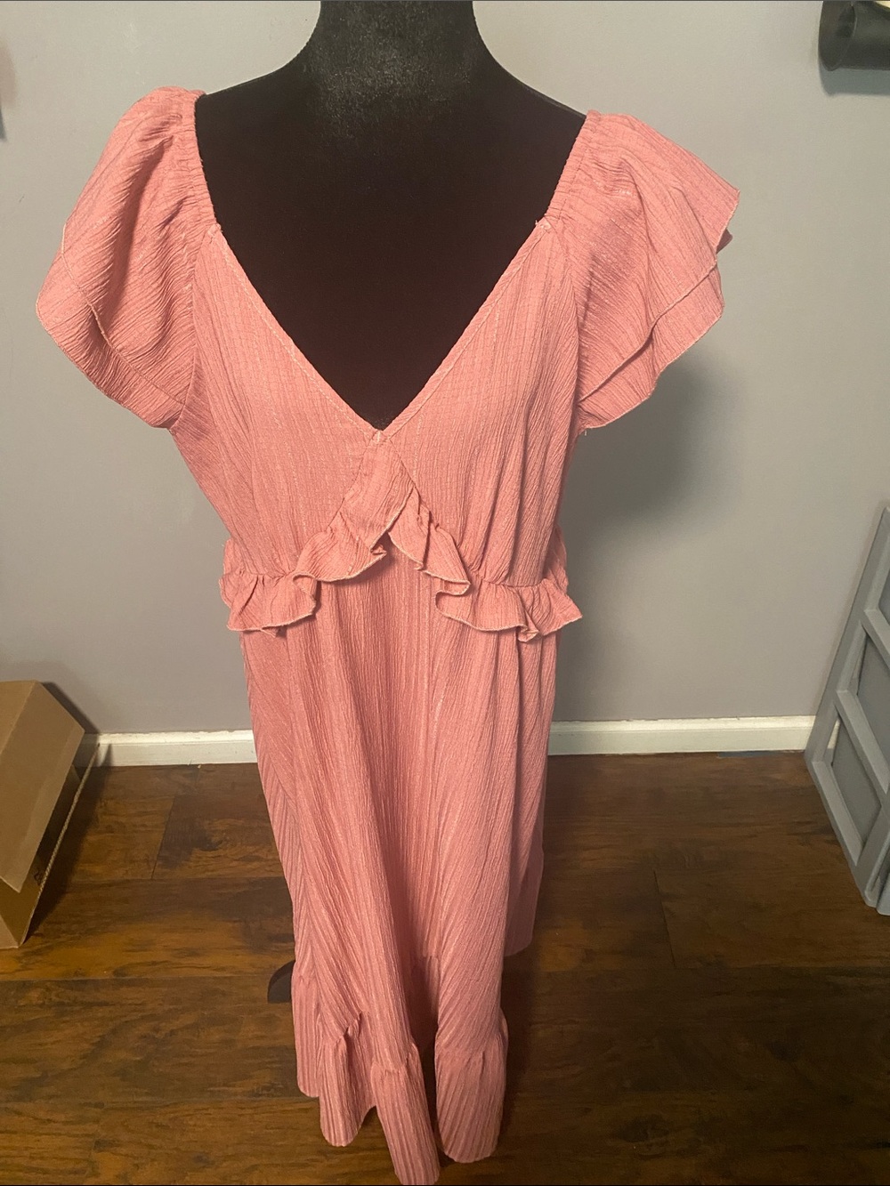 BloomChic Coral-Pink Ruffle V-Neck Midi Dress